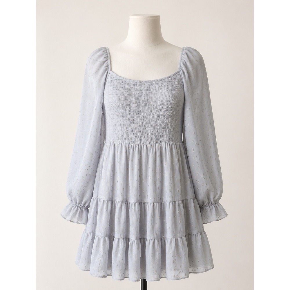 Cloud State Lavender Gold Metallic Clip Dot Smocked Tiered Mini Dress Small